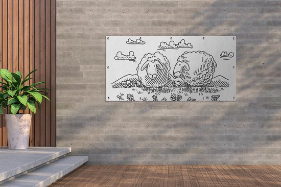 Affiche de clôture deux moutons dans le pré - 200x100 cm - Toile de jardin