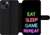 Bookcase Geschikt voor iPhone 13 Mini telefoonhoesje - Gaming - Led - Quote - Eat sleep game repeat - Gamen - Met vakjes - Wallet case met magneetsluiting