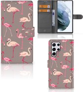 Hoesje met naam Geschikt voor Samsung Galaxy S22 Ultra Wallet Book Case Flamingo
