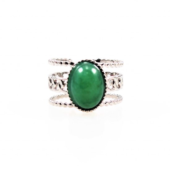 Verstelbaar Ring Dames - Roestvrij Staal - Ring met Ovale Groene Natuursteen