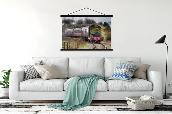 Une locomotive de train à vapeur qui avance avec de la fumée sortant de l'entonnoir affiche textielposter 150x100 cm