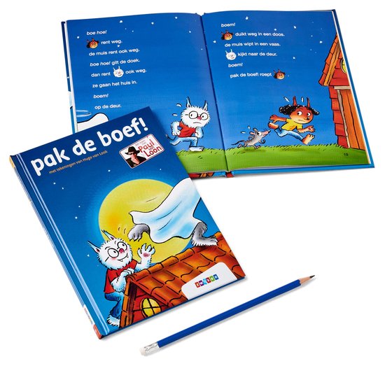 Twee open kinderboeken, de ene op de rug met een illustratie van een monster op een dak, de ander opengeslagen met illustraties.