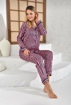 Satijn Dames 2- Delige -Pyjama- Luxe Pyjamaset- Nachtkleding Gestreept Grijs Maat S