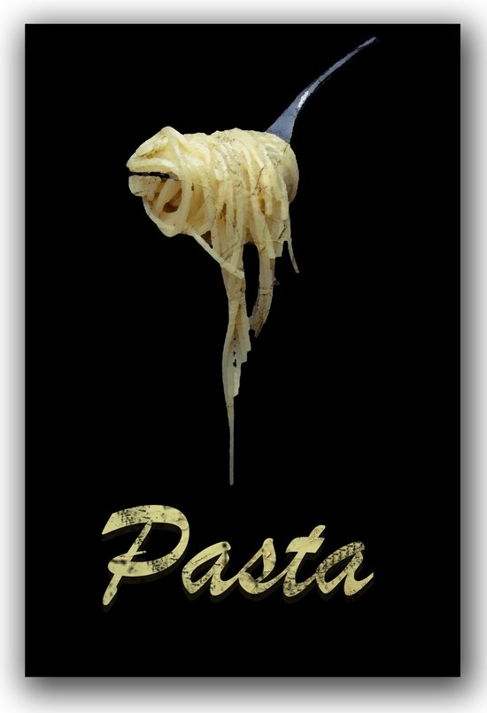 Dibond - Keuken / Eten / Voeding - Pasta / Spaghetti in geel / beige / zwart - 50 x 75 cm.