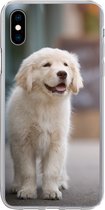 Geschikt voor iPhone Xs hoesje - Een Golden Retriever puppy lopend op de stoep - Siliconen Telefoonhoesje