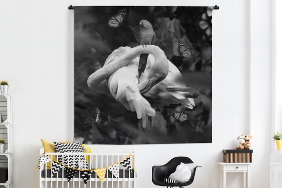 Tapisserie - Toile murale - Flamingo - Animaux - Jungle - Zwart - Wit - 180x180 cm - Tapisserie