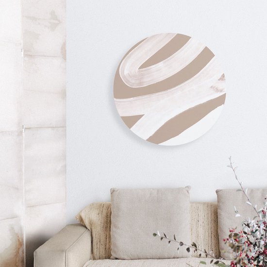 Artaza Dibond Wall Circle - Art abstrait - Rayures Witte sur beige - Ø 60 cm - Wall Circle - Peinture ronde - Intérieur et extérieur