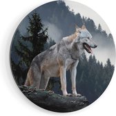 Artaza Dibond Muurcirkel Grijze Wolf In De Bossen  - Ø 90 cm - Groot - Wandcirkel - Rond Schilderij - Voor Binnen en Buiten