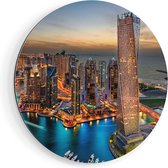 Artaza Dibond Muurcirkel Dubai Haven met de Stad - Ø 50 cm - Klein - Wandcirkel - Rond Schilderij - Voor Binnen en Buiten