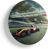 Artaza Houten Muurcirkel - Formule 1 Auto bij de Finish in het Rood - Ø 40 cm - Klein - Multiplex Wandcirkel - Rond Schilderij
