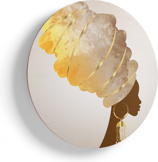 Artaza Muurcirkel - Afrikaanse Vrouw Met Gouden Tulband - Wandcirkel - Rond Schilderij