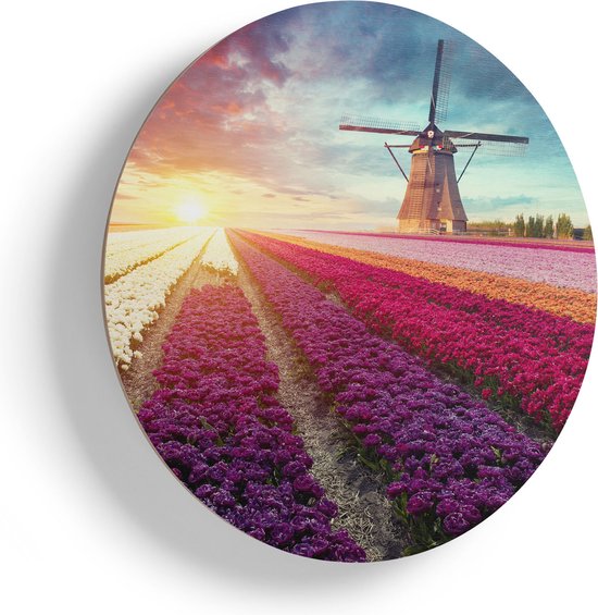 Artaza Houten Muurcirkel - Kleurrijke Tulpen Bloemenveld - Windmolen - Ø 40 cm - Klein - Multiplex Wandcirkel - Rond Schilderij