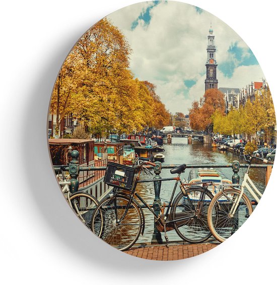 Artaza Houten Muurcirkel - Amsterdamse Brug Bij Een Brug Met Fietsen - Ø 50 cm - Klein - Multiplex Wandcirkel - Rond Schilderij