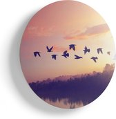 Artaza Houten Muurcirkel - Silhouet Vogels Tijdens Zonsondergang - Ø 50 cm - Klein - Multiplex Wandcirkel - Rond Schilderij