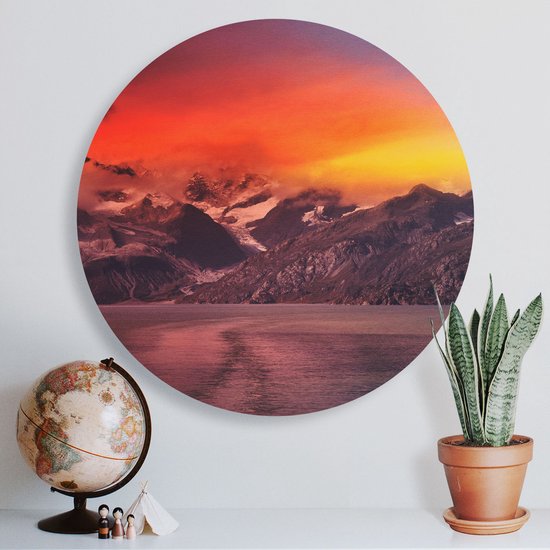Artaza Dibond Muurcirkel Meer Bij De Bergen Bij Zonsondergang - Ø 40 cm - Klein - Wandcirkel - Rond Schilderij - Voor Binnen en Buiten
