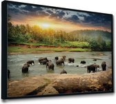 Akoestische panelen - Geluidsisolatie - Akoestische wandpanelen - Akoestisch schilderij AcousticPro® - paneel met olifanten in Sri Lanka - design 170 - Premium - 100x70 - zwart- Wa