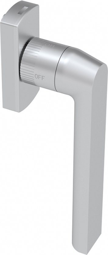 Zilverkleurige raamklink met sleutelloos slot, 'ON' en 'OFF' aanduiding.
