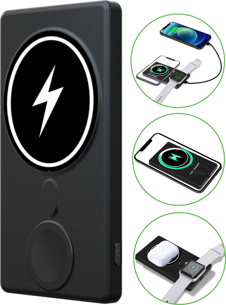 iSetchi 5000 Powerbank (3-in-1) 15W Snellader - Geschikt voor MagSafe – Klein broekzak formaat - Voor iPhone 12, 13 & 14 , Samsung, Airpods , Buds & Apple Watch – Android - Buds – Draadloze Oplader Batterij