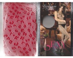 Rode fishnet bodystocking met geweven luipaard print
