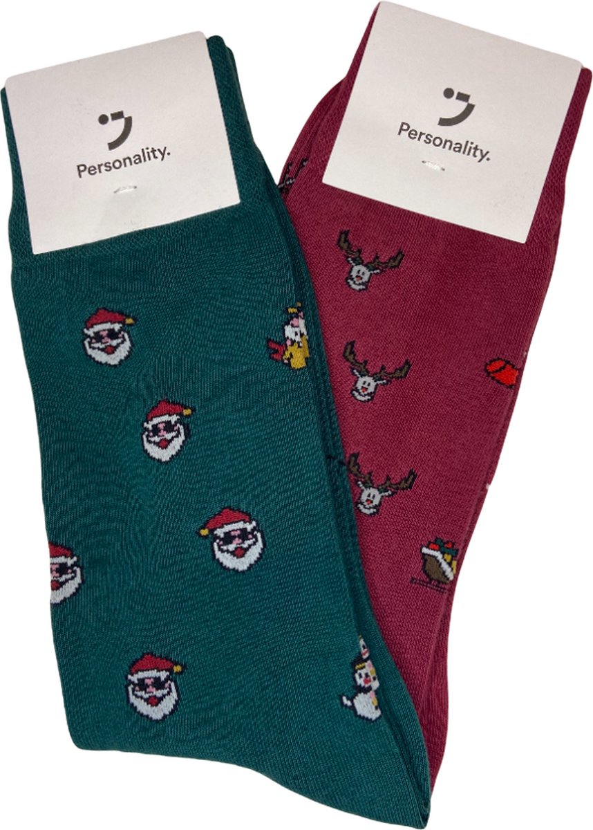 Personality. Socks | Kerstsokken in duo geschenkverpakking | Herensokken | Maat 41-46 | Kerstmis | Kersttrui | Net zo leuk voor dames | Kerstman | Rendier | Cadeautje | Groen | Rood | Sokken | Cadeautje
