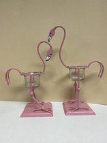 Decoratieve metalen theelichthouders flamingo - Set van 2 stuks - roze - hoogte 27.5x18x9cm - Woonaccessoires