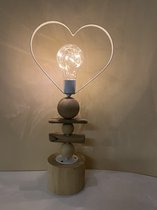 LED Hart lamp van metaal op houten standaard - Wit - warm witte verlichting - 37x17.5x9 cm - Decoratie verlichting - Woonaccessoires