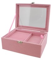 Dielay - Sieradendoos Fluweel - Kist met Venster - 20x15x8,5 cm - Roze