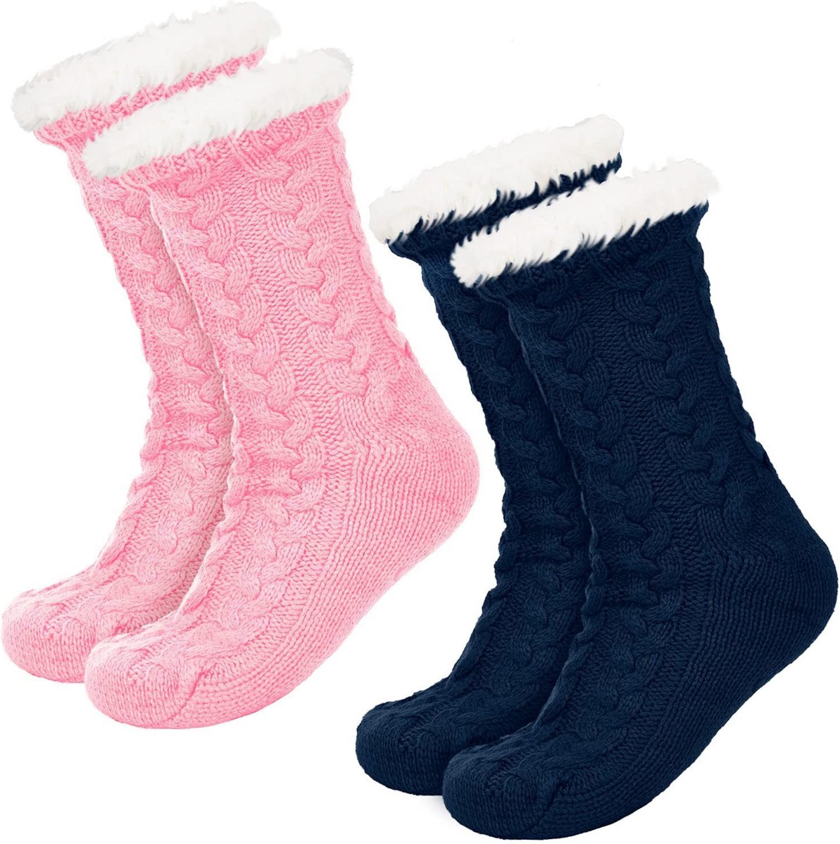 JAXY Huissokken - Huissokken Dames en Heren - Verwarmde sokken - Anti Slip Sokken - Fleece Sokken - Dikke Sokken - Fluffy Sokken - Slofsokken - Warme Sokken - Bedsokken - Gevoerde Sokken - Winter Sokken - 2 Paar - Blauw en Roze