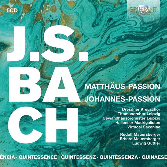 Voorkant van de cd-hoes met de tekst 'J.S. BACH' in grote letters, titels van de passies en namen van uitvoerende koren en orkesten. Achtergrond in smaragdgroene en gouden marmerprint.