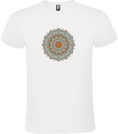 Wit T-shirt met Grote Mandala in Blauw en Oranje kleuren size L