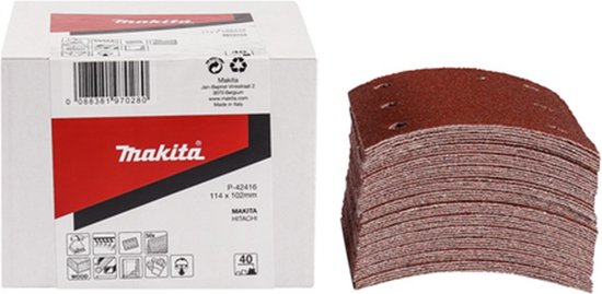 Stapel roodbruin schuurpapier met 6 gaten, Makita P-42416 114x102mm.