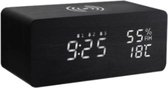 Deko – Digitale houten wekker met draadloze oplader – Geschikt voor IOS & Android – Alarmklok met temperatuur, datum & tijd – Wekker – Klok – Zwart