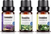 Etherische Olie Set | Jasmijn olie + Lavendel olie + Vanille olie Bundel | 3x Essentiële Oliën voor Aromatherapie | Sauna en Bad | Aroma Diffuser Olie (30 ml)