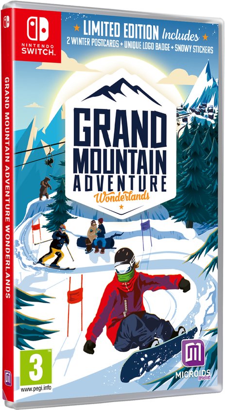 Nintendo Switch spelhoes: Grand Mountain Adventure Wonderlands Limited Edition. Actievolle winterscène met snowboarders en skiërs.