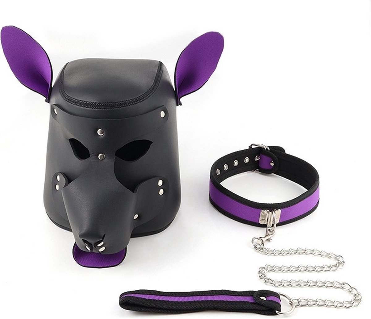 PU leren muizenmasker met halsband - paars
