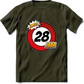 28 Jaar Hoera Verkeersbord T-Shirt | Grappig Verjaardag Cadeau | Dames - Heren | - Leger Groen - L