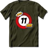 11 Jaar Hoera Verkeersbord T-Shirt | Grappig Verjaardag Cadeau | Dames - Heren | - Leger Groen - S