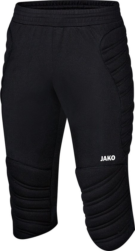 Pantalon de gardien Jako noir 3/4 avec genoux et hanches rembourrés. Le logo Jako est sur la cuisse droite.