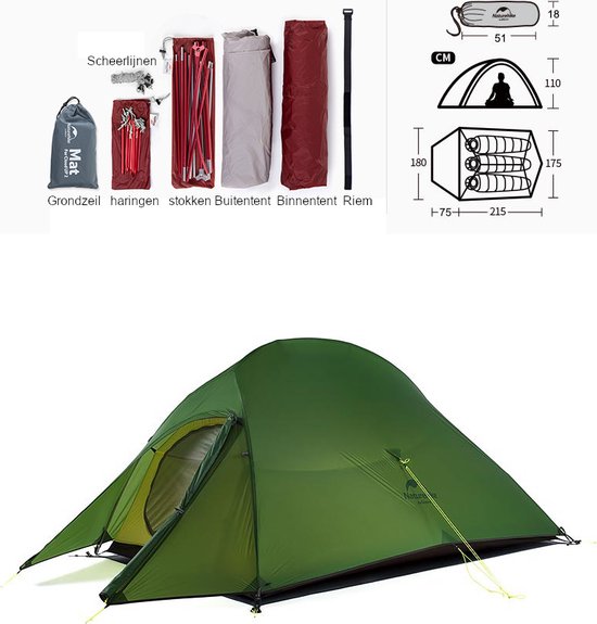 Cloud Up 3 Upgraded - Naturehike® - Tent 3 persoons - Lichtgewicht tent - Incl. grondzeil - 20D 4000MM - Outdoor kampeertent - Waterdicht - Hiking & Wandelen - Naturehike