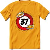 37 Jaar Hoera Verkeersbord T-Shirt | Grappig Verjaardag Cadeau | Dames - Heren | - Geel - M