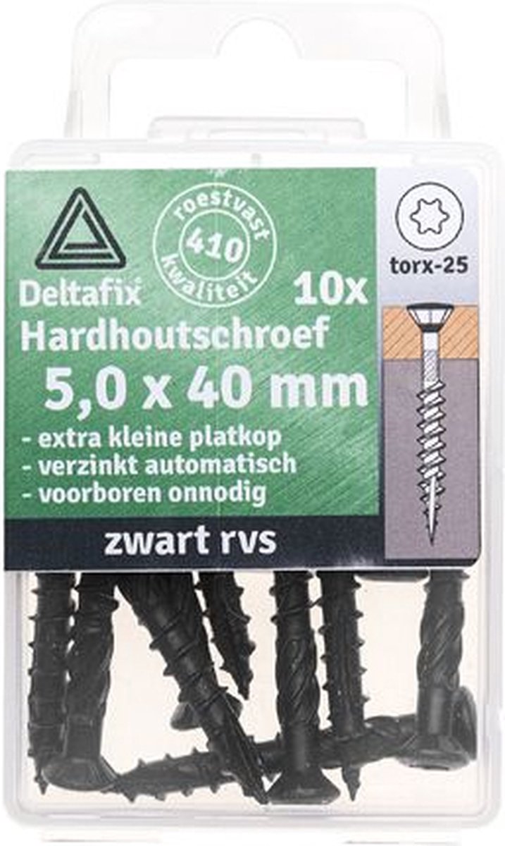 Deltafix Hardhoutschroeven Zwart RVS 5 x 50 mm - 10 stuks