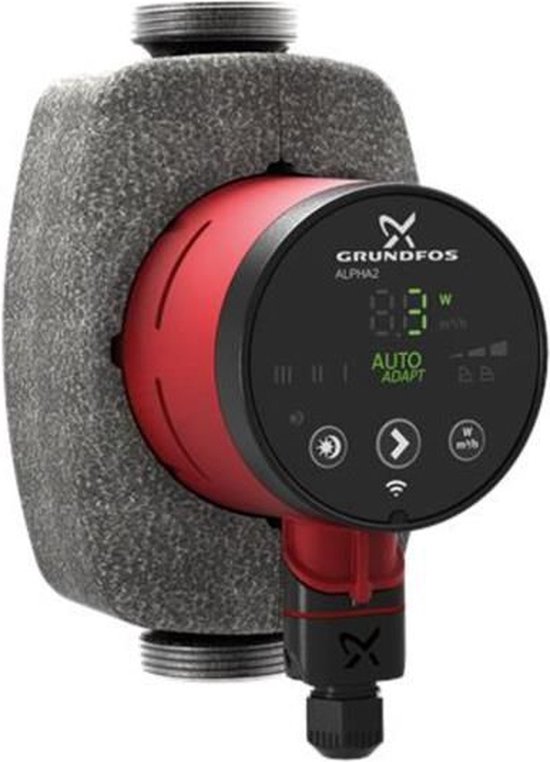 Rode Grundfos ALPHA2 circulatiepomp met grijze isolatie en digitaal display.