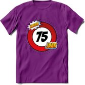 75 Jaar Hoera Verkeersbord T-Shirt | Grappig Verjaardag Cadeau | Dames - Heren | - Paars - M