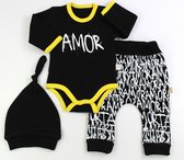 Babykledingset baby geschenkset 3 delig 100 % gekamd katoen Print: Amor