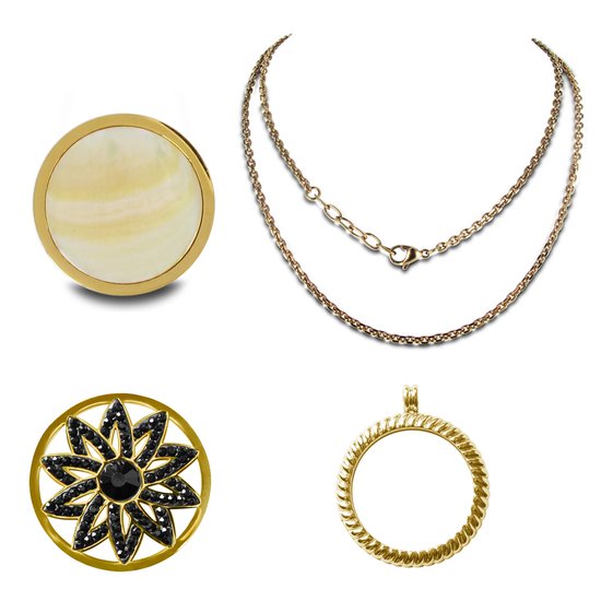 Silventi 8SL-SET0128 Stalen Set Munthanger Munten en Ketting - Dames - 4-delig - 33 mm Doorsnee - Ankerschakel - 90 + 3 cm - Goudkleurig