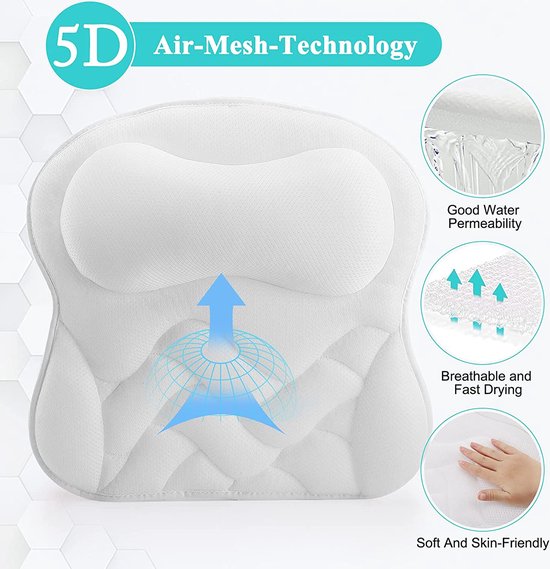 Badkussen, Nekkussen, Badkuipkussen, Ademend 4D Air Mesh Ergonomisch Luxe Badkussen En 6 Zuignappen Badkussen Voor Badkuip Badkussen Voor Thuis Ondersteuning Spa Wit