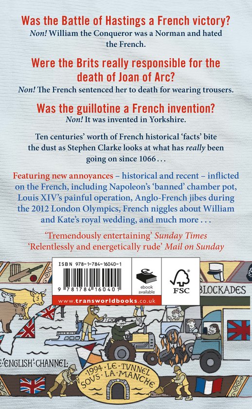 Achterkant van het boek '1000 Years of Annoying the French' met tekst en illustraties.