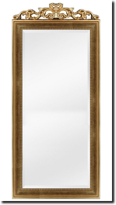 Spiegel met kuif - Kuifspiegel Goud - Hoge spiegel 2 meter groot in houten lijst - Rufino Antiekgoud - Gouden rand - Frame - Buitenmaat 75 x 211 cm - Passpiegel Slaapkamer - Grote schouwspiegel - Halspiegel - Made in Italy - Massief hout - Facetrand