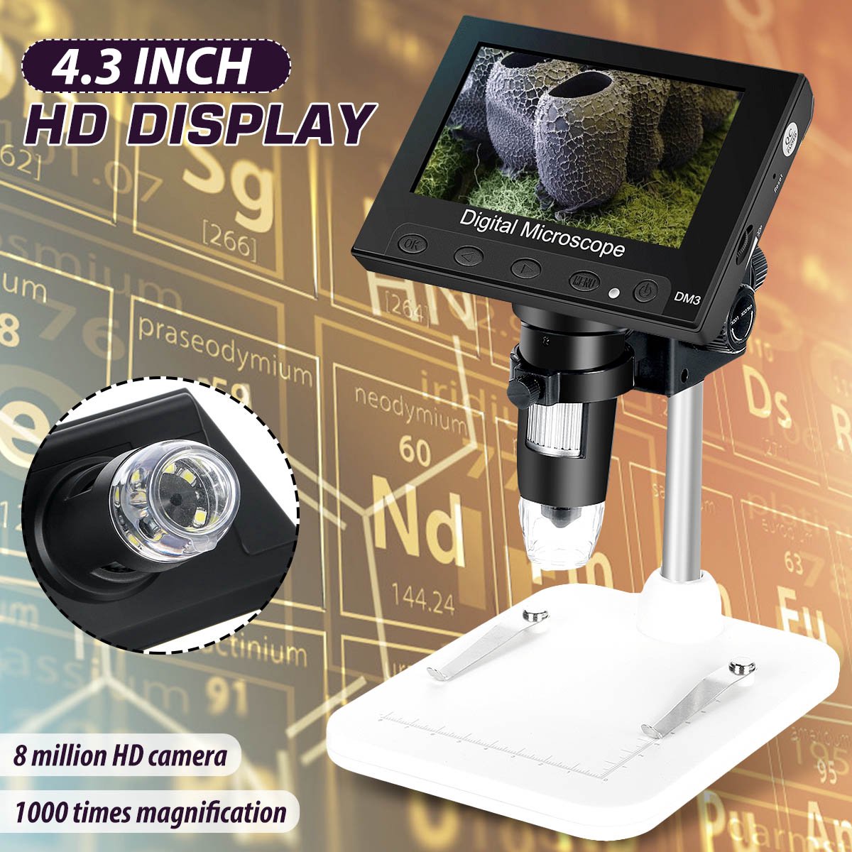 1000x 2.0MP USB Digitale Elektronische Microscoop DM4 4.3 "Lcd-scherm VGA Digitale Microscoop 8 LED Stand voor PCB Moederbord Reparatie