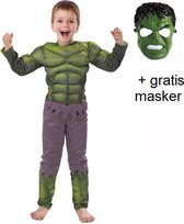 Luxe groen superhelden kostuum voor kinderen met spierballen + 1 masker - 122/128 (M) 7-8 jaar - verkleedpak carnavalskleding